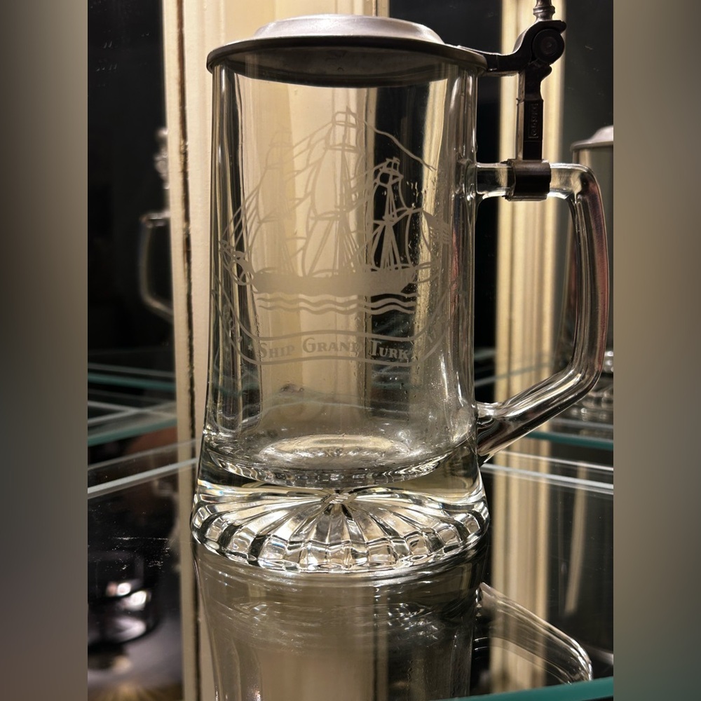Vintage Clear Glass Stein Etched Ship Grand Turk Pewter Lid West Germany 💚